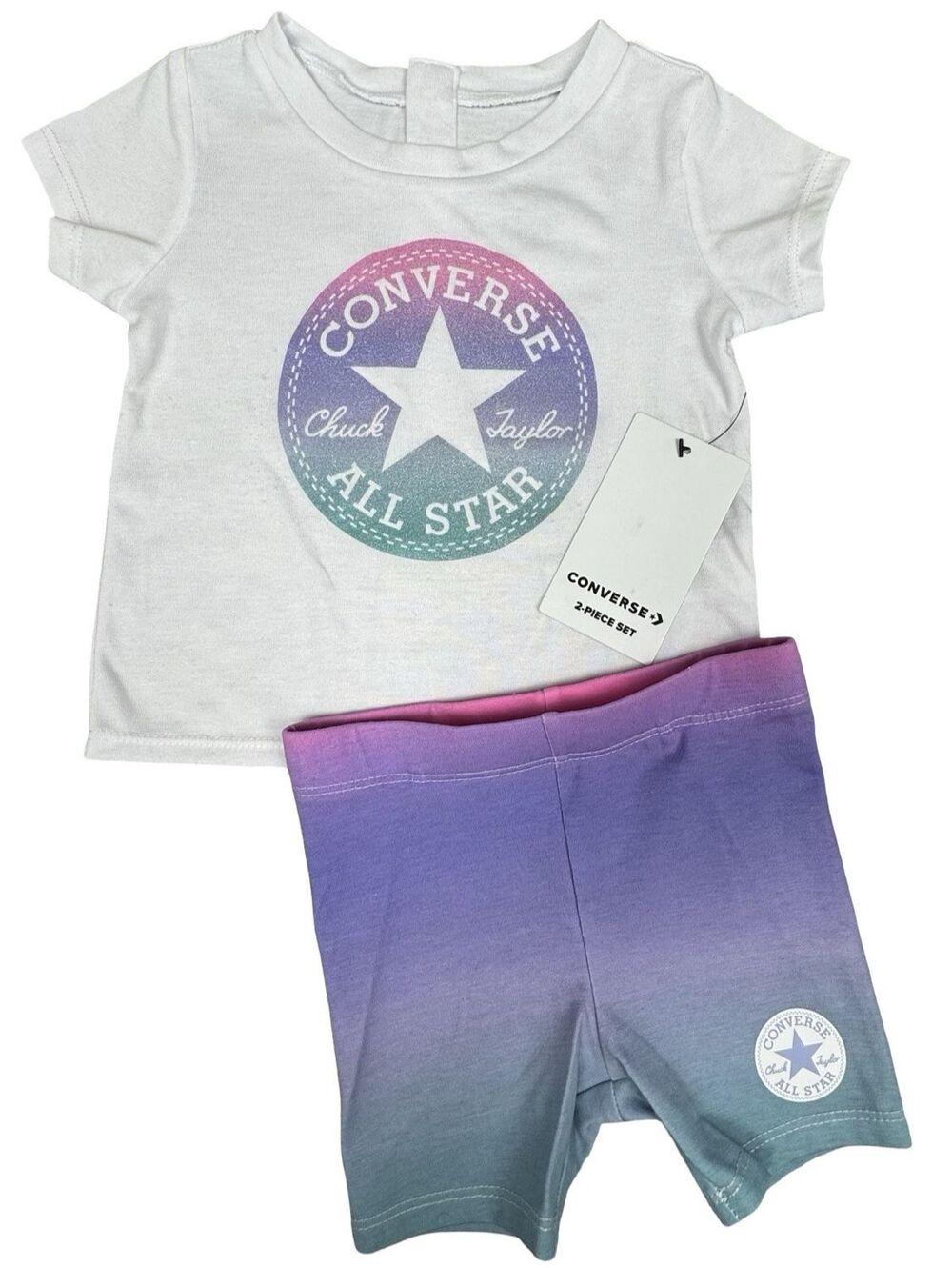 Converse 2T 2-Piece Set Girls White Tee & Purple Biker Short Youth New